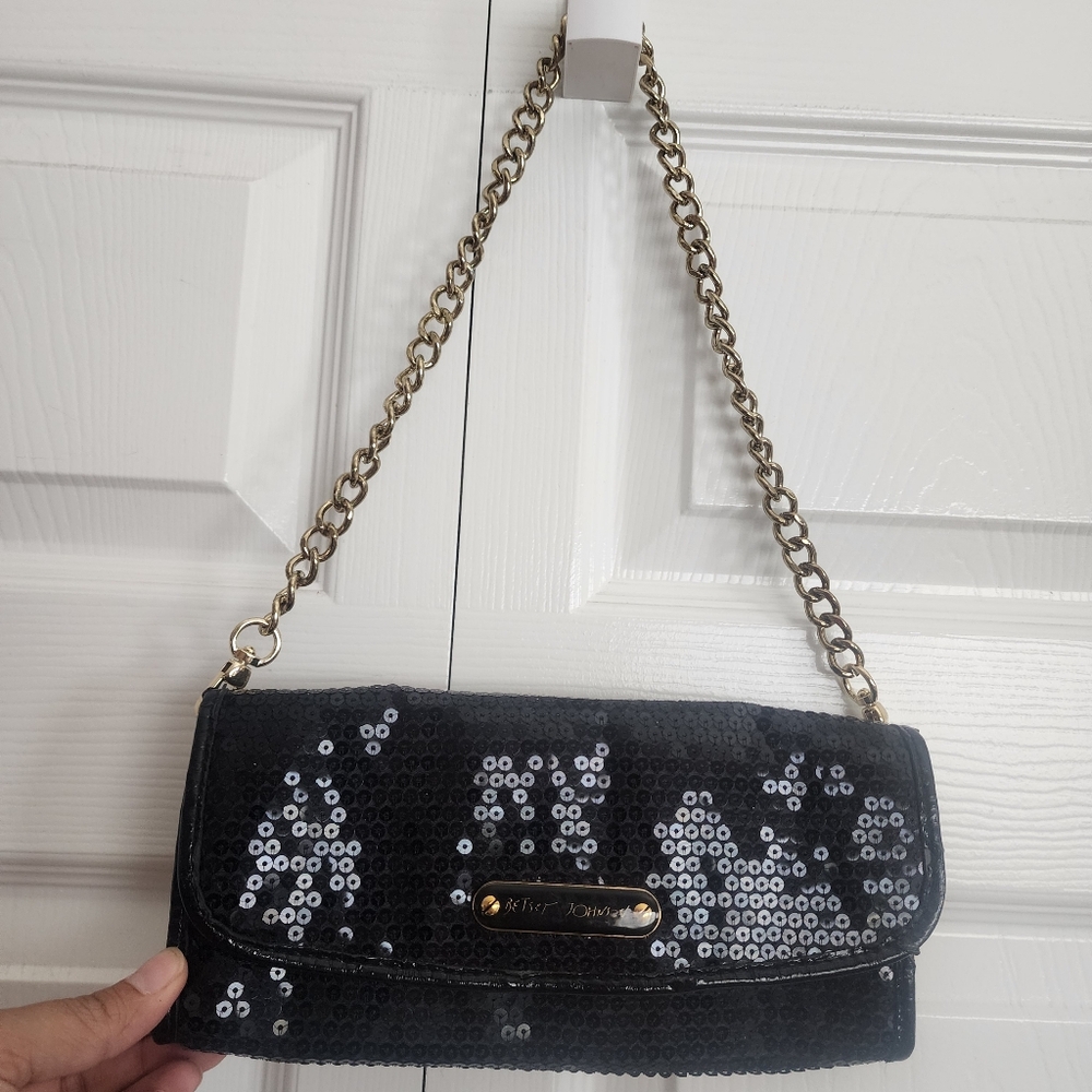 Betsey Johnson Black Sequin‎ Shoulder Bag/Clutch Purse, Leopard Inner Print